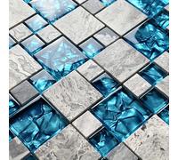 Hominter Premium Teal Blue Crystal Glass & Grey Stone Tile Modern Bathroom Shower Wall Versaille Patterns Mosaic for Kitchen Fireplace Decor (5 Square Feet)