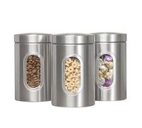 HOMION 3 PC Kitchen Canister Set - Stainless Steel With Secure Lids & Viewing Window Blank Labels to Customise your Storage Suitable for Sugar, Tea, Coffee, etc Multi Food Storage Jars (Silver)