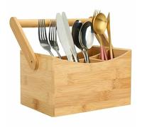 HOMION Cutlery Caddy Utensil Holder with Handle 4 Compartment Kitchen Organiser Rack Divider Wood Carry Caddy