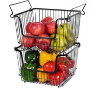 HOMION Large Stacking Basket Storage Veg Rack Stackers Shlef Multi Purpose Stackable Wire Storage Basket with Carry Handles Kitchen Fruit Stand (2 Baskets)
