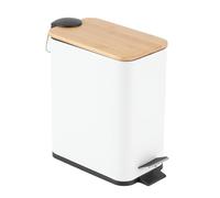 HOMION PEDAL BIN BATHROOM 5L SLIM RECTANGULAR REMOVABLE BUCKET WASTE DUST SLIMLINE EASY TO CLEAN 5 LITRE TOILET STAINLESS STEEL (White With Bamboo LID)