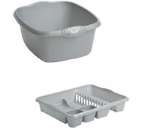 Plastic Rectangular Washing Up Bowl & Large Dish Drainer Rack Plate Holder Kitchen Sink 2 Pc Set (Silver)