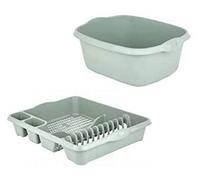 HOMION Set Of 2 Plastic Large Kitchen Sink Rectangular Washing Up Bowl And Large Dish Drainer (Silver sage)