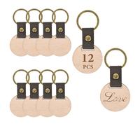 Homirty 12Pcs Wooden Keychain Blanks,Unfinished Wooden Key Ring Key Tag,With Leather Straps,Wood Engraving Blanks Keyring, for DIY Gift Crafts,Painting Gifts