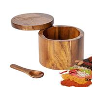 Homirty Salt Cellar Wooden,Acacia Wood Salt Cellar with Magnetic Swivel Lid & Spoon - Spice Box, Wooden Storage Container for Salt, Herbs, and Spices - Rustic Kitchen Décor, 9x9x7cm