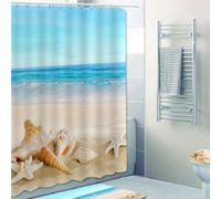 Homirty Shower Curtain 180 x 200 cm, Ocean Beach Scene, Starfish Pattern, Blue, Unlined, Polyester, Waterproof Quick Dry, 12 Hooks, Bathroom