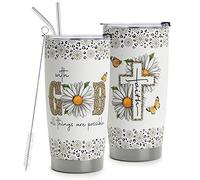 HOMISBES Christian Gifts for Women - With God All Things Are Possible Travel Mug Cup - Daisy Leopard Faith Jesus God Bible Verse Religious Gifts For Mom Grandma Friends - Stainless Steel Tumbler 20oz