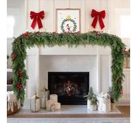 Homiton 9ft Christmas Cedar Garland, Real Touch Pine Cypress Garland with Red Berries, Artificial Greenery Garlands for Mantle Fireplace Table Outdoor Indoor Christmas Decoration (9 FT)