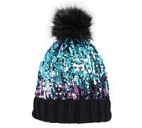 Homiton Women Sequin Knitted Beanie Hat with Faux Fur Pom-Pom Shiny Bling Skull Cap, A-black, M