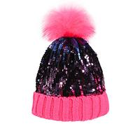 Homiton Women Sequin Knitted Beanie Hat with Faux Fur Pom-Pom Shiny Bling Skull Cap, A-hot Pink, M