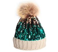 Homiton Women Sequin Knitted Beanie Hat with Faux Fur Pom-Pom Shiny Bling Skull Cap, A-khaki, M