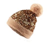 Homiton Women Sequin Knitted Beanie Hat with Faux Fur Pom-Pom Shiny Bling Skull Cap, B-Gold, M
