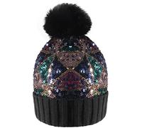 Homiton Women Sequin Knitted Beanie Hat with Faux Fur Pom-Pom Shiny Bling Skull Cap, C-black, M