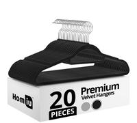 Homiu 20 Pack Premium Black Velvet Suit Hangers, Non-Slip Clothes Hangers With Tie Bar & Hook, For Coat, Clothes, Trouser, Dress