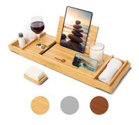Homiu Bamboo Bathtub Caddy Tray Expandable Bath Caddy Organizer W/ Book Ipad Kindle Stand