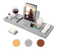 Homiu Bamboo Bathtub Caddy Tray Expandable Bath Caddy Organizer W/ Book Ipad Kindle Stand