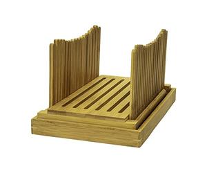 Homiu Bamboo Bread Cutter with Guide Foldable Loaf Slicer for Homemade Loaves, Cakes, Natural Bamboo Adjustable Thickness Design