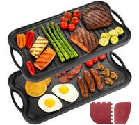 Homiu Cast Iron Griddle Pan | Oven Safe, Ceramic, Gas Hob, Induction & Indoor Outdoor Cooking | Pre-Seasoned Reversible Non-Stick BBQ Grill | Ridged & Flat with Handles & Scrapers 50.5 x 26cm