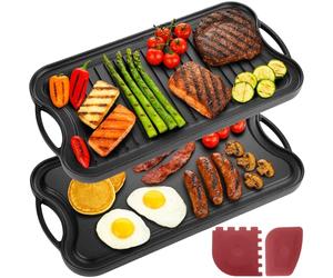 Homiu Cast Iron Griddle Pan | Oven Safe, Ceramic, Gas Hob, Induction & Indoor Outdoor Cooking | Pre-Seasoned Reversible Non-Stick BBQ Grill | Ridged & Flat with Handles & Scrapers 50.5 x 26cm