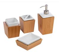 Homiu Classic Bamboo And Porcelain 4 Pc Bath Set, Soap Dish, Toothbrush Holder, Tumbler, Liquid Soap/lotion Dispenser Set