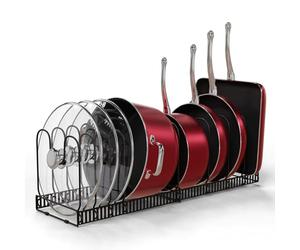 Homiu Expandable Pots Pans Organiser | Pan Organiser for Cupboard |10 Adjustable Divider | Rack for Cabinet | Cupboard Kitchen Cookware Organiser Bakeware Lid Plate Holders