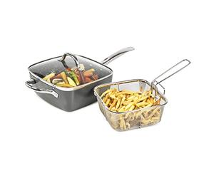 Homiu Frying Pan All-in-One Grey Stone Effect Multi-Purpose Four-Piece Set Non-Stick Multi-Use Stain Resistant Perfect as a Chip Pan, for Frying and a Rice Cooker