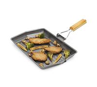 Homiu Griddle Pan Plate Carbon Steel with Non-Stick Ridge Surfaces Frying Pans with Folding Handle for Stoves and Grills (Large Rectangular)