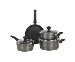 Homiu Pan Set 7 Piece Induction Titanium Base Aluminium with Tempered Glass Lids- Scratch-Resistant Non-Stick Coating, Casserole Pans Saucepan and Frying Pan