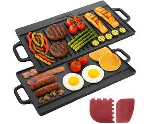 Homiu Reversible Cast Iron Griddle Pan | Pre-Seasoned Non-Stick BBQ Griddle Grill with Handles | Suitable for Oven Safe, Induction, Gas Hob | Cooking, Flat & Ridged Surfaces | All Hob Types