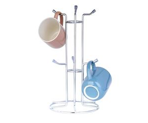 Homiu Silver Metal Mug Tree - 6 Hooks, Holds 6 Large Mugs, Stable & Multi-Purpose, Modern Design