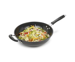Homiu Wok Traditional 2 Handle Design Non-Stick Big Pan Bakelite Handle Carbon Steel Perfect for Stir Fry 30 cm Diameter- Grey