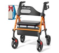 HOMLAND Foldable Rollator Walkers with Seat for Seniors, 8'' Big Wheels, 350 lb. Weight Capacity, Adjustable Handles and Seat Height, Lightweight Rolling Walker, Orange
