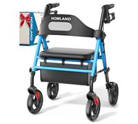 HOMLAND Foldable Rollator Walkers with Seat for Seniors, 8'' Big Wheels, 350 lb. Weight Capacity, Adjustable Handles and Seat Height, Lightweight Rolling Walker, Light Blue