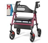 HOMLAND Foldable Rollator Walkers with Seat for Seniors, 8'' Big Wheels, 350 lb. Weight Capacity, Adjustable Handles and Seat Height, Lightweight Rolling Walker, Red