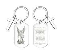 HOMLIFPER St Michael Cross Keychain,God Prayers Saint Michael Dog Tag Praying St. Michael The Archangel Keyring with Cross, Silver, One size