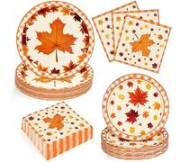 Homlouue 200pcs Thanksgiving Paper Plates and Napkins Sets with Fall Maple Leaf for Autumn Harvest Holiday, Disposable Party Supplies Includes 50 Dinner Plates 50 Dessert Plates 100 Napkins, 50 Guests