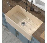 HOMLYLINK Bone Farmhouse Sink 33 x 18 Inch, Firecaly Apron Front Farm Sink, Heavy Duty Large Capacity Single Bowl, with Accessories 2 Types, Undermount, Bone Color, for Kitchen