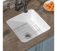 HOMLYLINK Undermount Kitchen Sink White 18 x 18 Inch, Small Topmount Fireclay Bar Sink Drop In Single Bowl, Dual Mount Heavy Duty Deep Basin, White, for Kitchen, Island,Outdoor