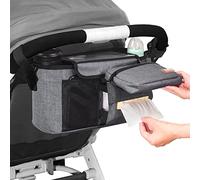Homlynn Universal Stroller Organiser with Insulated Cup Holders, Grey | 2 insulated cup holders. Detachable shoulder strap. Universal fit strollers & prams. Spacious storage pockets