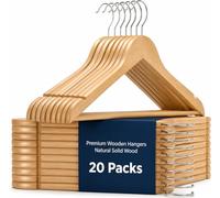 HomlyPro 20 Pack Wooden Coat Hangers with 360° Swivel Hook, Natural Wood Clothes Hanger with Trouser Bar & Shoulder Notches, Heavy Duty Trouser Hangers for Clothes, Suits, Shirts & Dresses