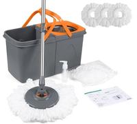 HomlyPro Spin Mop and Bucket Set With 3 Extra Heads, 130cm Extendable Handle - Grey and Orange, Microfibre Mop Head, Self-Wringing System, for All Hard Floors and Tiles
