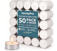 HomlyPro Unscented Tea Lights Candle 50 Pack 4 Hour Burn Time Smoke-Free & Long-Burning Tealight Candles with Bright Flame, Ideal for Weddings, Events, Home Decor, and Everyday Use
