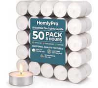 HomlyPro Unscented Tea Lights Candle 50 Pack 8 Hour Burn Time Smoke-Free & Long-Burning Tealight Candles with Bright Flame, Ideal for Weddings, Events, Home Decor, and Everyday Use