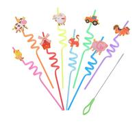 HOMMDECO 24PCS Drinking Straws Reusable Farm Animals Removable Novelty Crazy Straws Curly Party Straws Decorations with 1PC Cleaning Brushes, for Parties,Home, 8 Colors