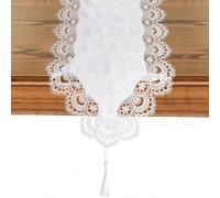 HOMMDECO 40*180cm White Embroidery Crochet Triangle Table Runner Cotton Tablecloth with Lace Edge Dining Desk Cabinet Throw Pillow Sofa Decoration Wedding Kitchen Family Ornament