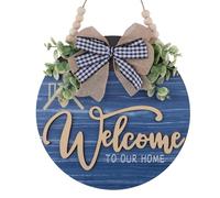 HOMMDECO Blue Wooden Door Hanger Sign for Front Door Wooden Round Welcome Wreath Sign Porch Farmhouse Yard Interior and Exterior Wall Sign Decoration for Housewarming Gift