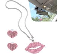 HOMMDECO Car Rear View Mirror Ornament - Pink Bling Diamond Lip Hanging Accessories Car Interior Charm Crystal Ornament Pendant Lucky Interior Auto Set(With Two Pink Diamond Love Vent Clips)