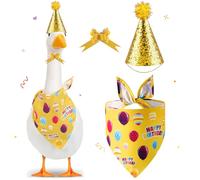 HOMMDECO Happy Birthday Porch Goose Outfit Contains Birthday Cap Triangle Scarf Bow 23in/17in Cement Plastic Goose Duck Decorations for Outdoor Party Terrace Garden Lawn Art Decor (Yellow)