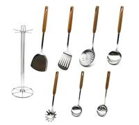 Hommony Cooking Utensils Set, 8-Piece 304 Stainless Steel Kitchen Tool Sets with Holder, Wooden Handle Heat Resistant Kitchen Cookware Set, Gadgets Tools Set Gift
