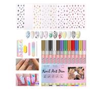 hommova 12 Colors Nail Art Pens, 0.7mm Nails Art Drawing Marker Paint Pen Set with 8 Star sticker for DIY Manicure Tools